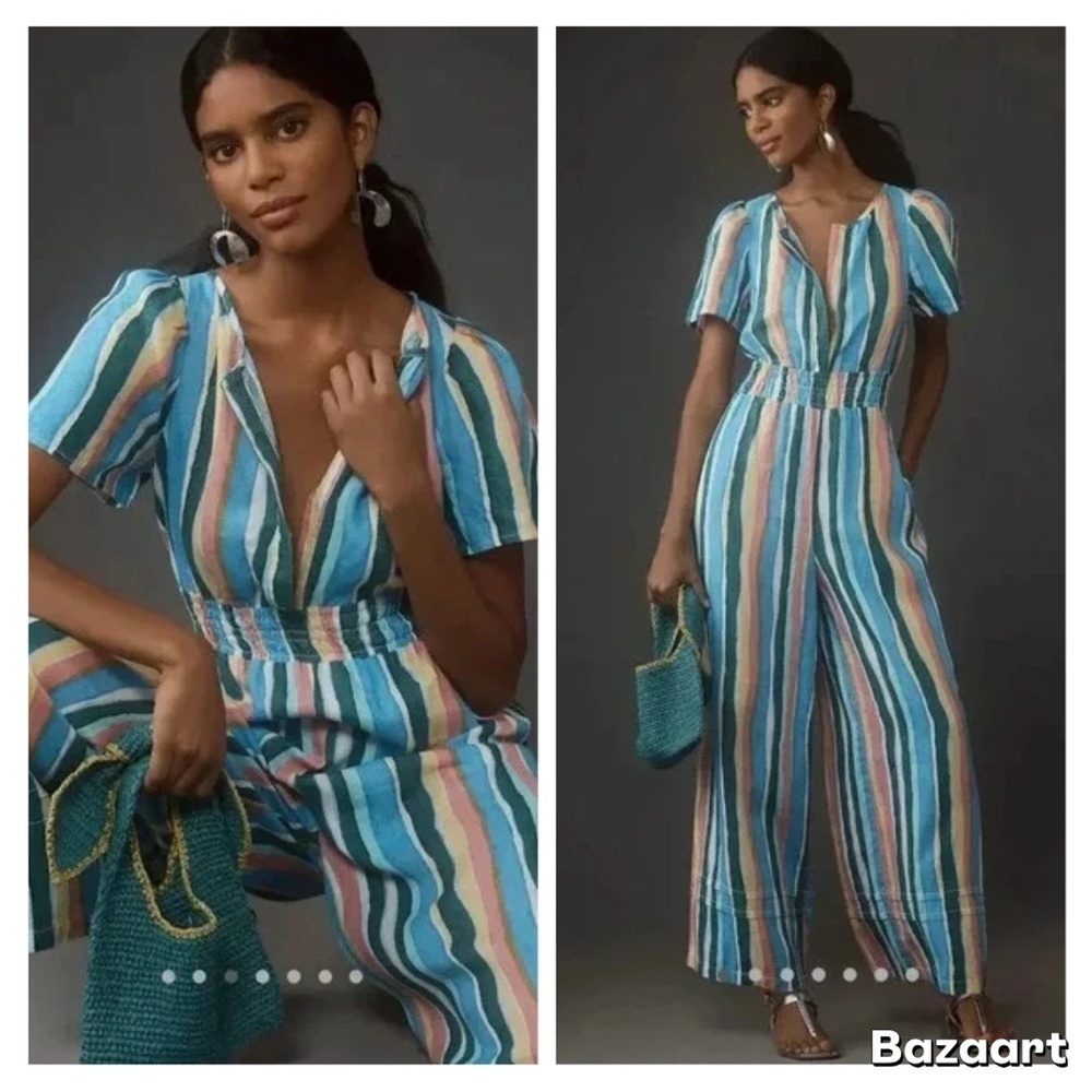 Anthropologie Multicolor Striped Jumpsuit - Blue, Pink, Cream